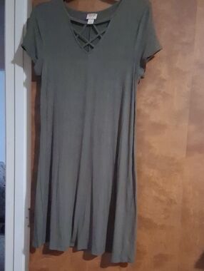 Mossimo Supply Co. Olive Green Short Sleeve Swing Dress with Lattice V-Neck